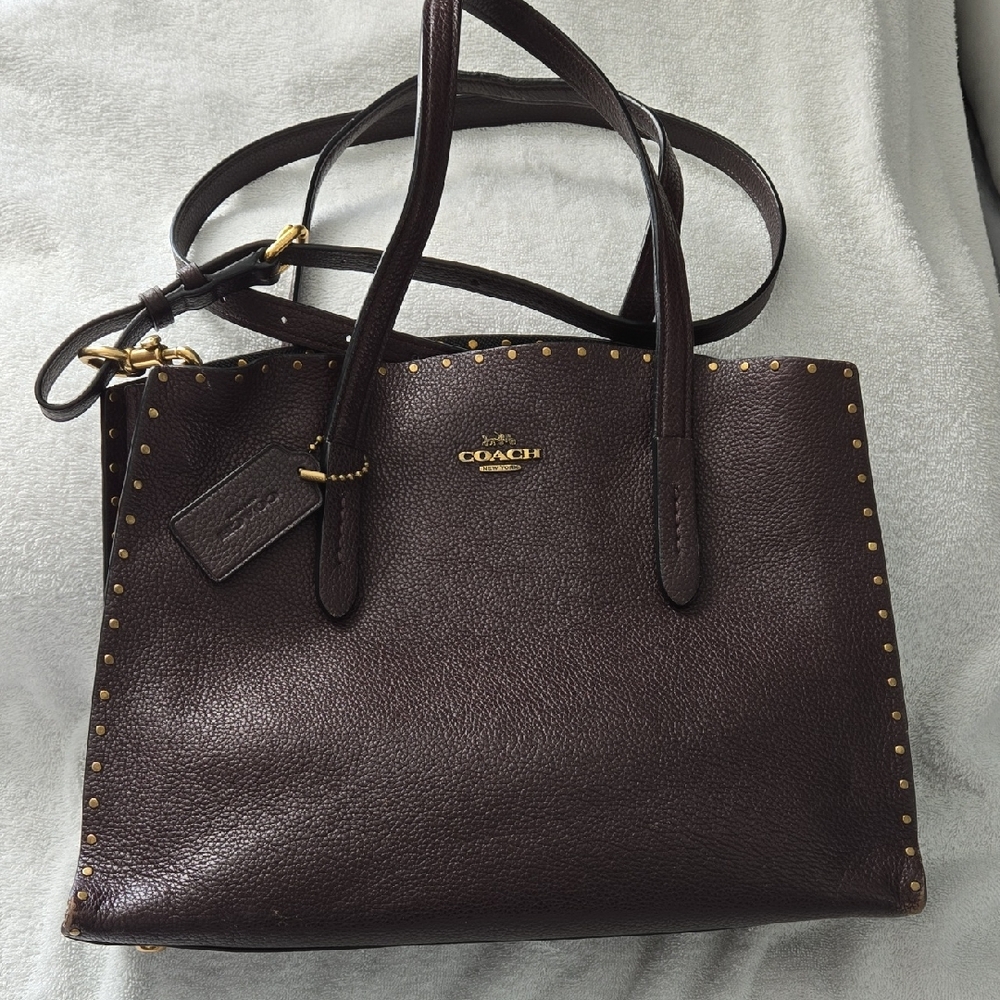 Coach Dark Brown/Oxblood Studded Leather Charlie Carryall Tote